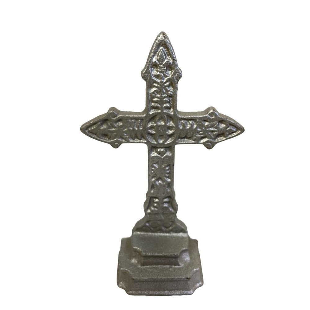 Vintage FLEUR DE LIS CAST IRON CROSS Standing Decorative‎ Christian Symbol Table